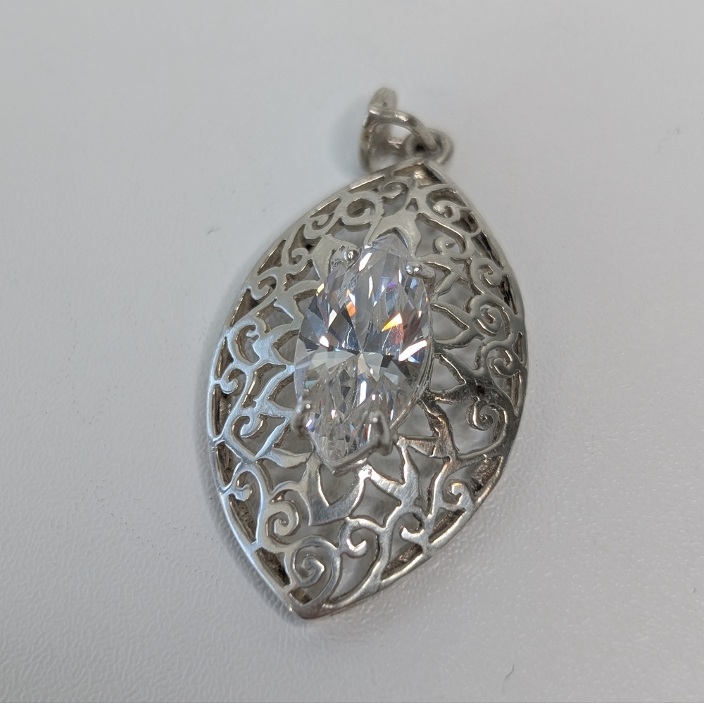 Y2K Sterling Marquise Filagree Pendant - 90s Chunky Silver Jewelry